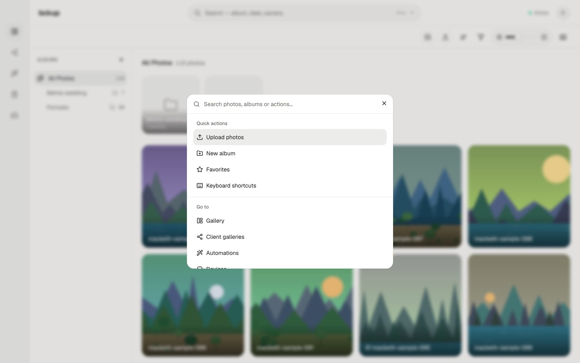 The ⌘K command palette in bckup Studio with quick actions and navigation