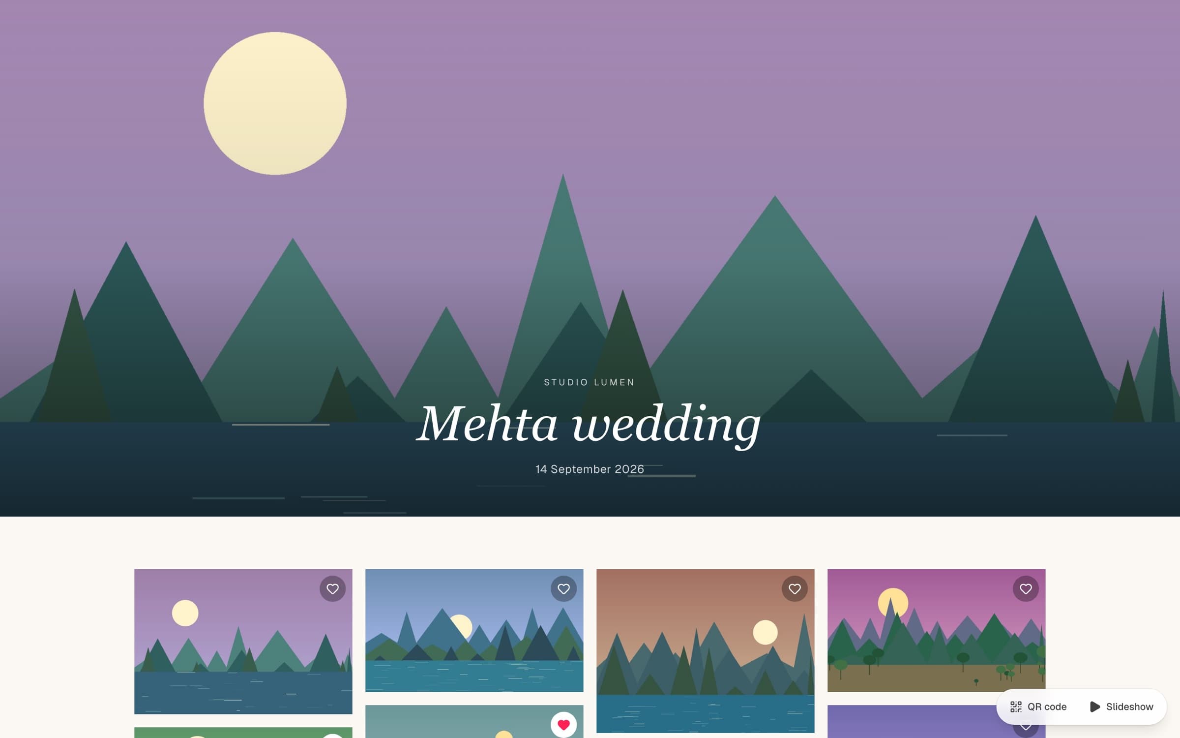 A published client gallery in the Wedding template: cover photo, Studio Lumen, Mehta wedding, 14 September 2026, with QR code and Slideshow buttons